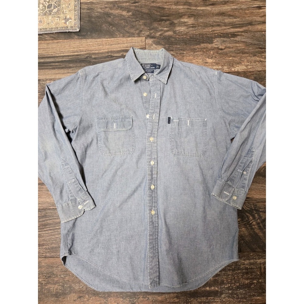 VTG Polo Ralph Lauren Men's Large 100% Cotton Dungaree Work Shirt Denim Chambray
